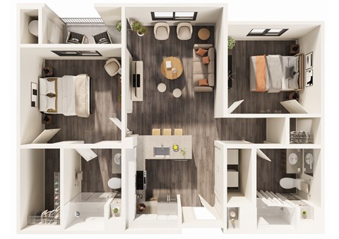 Floor plan for 2 beds, 2 baths, 1049 sqft